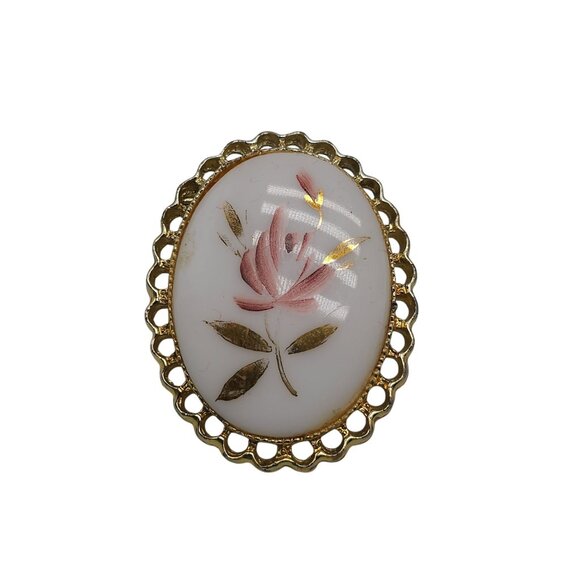 Estate Jewelry - Vintage Gold Toned Oval Brooch Hand Painted Pink Floral Design on Milk Glass